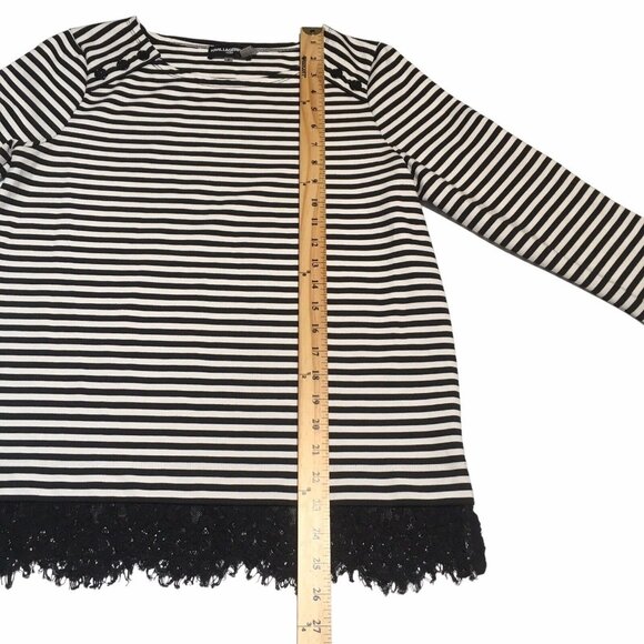 Karl Lagerfeld Shirt Women Small Nautical Buttons Black White Striped Lace Trim - Picture 5 of 14